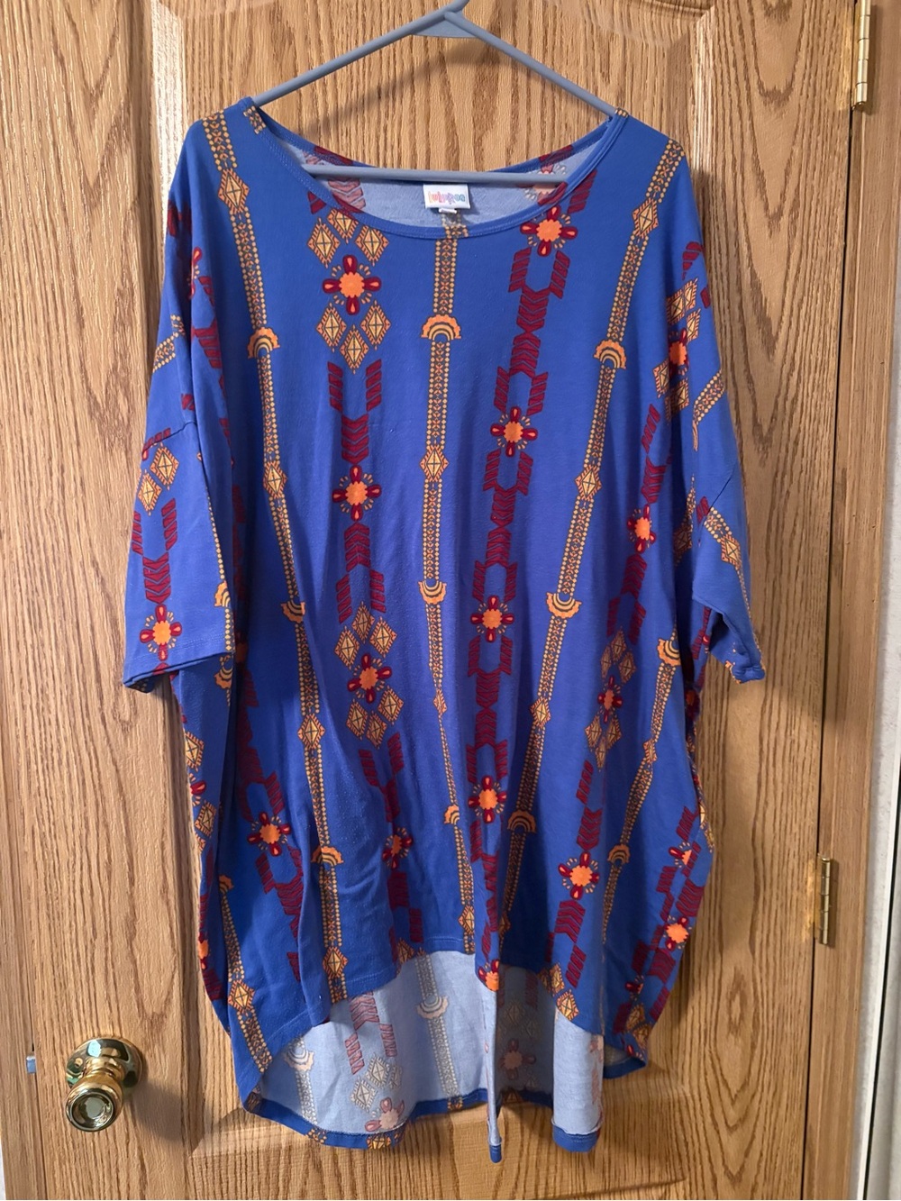 LuLaRoe Blue Floral Geometric Elbow Sleeve Tunic Top - Red & Gold Accents